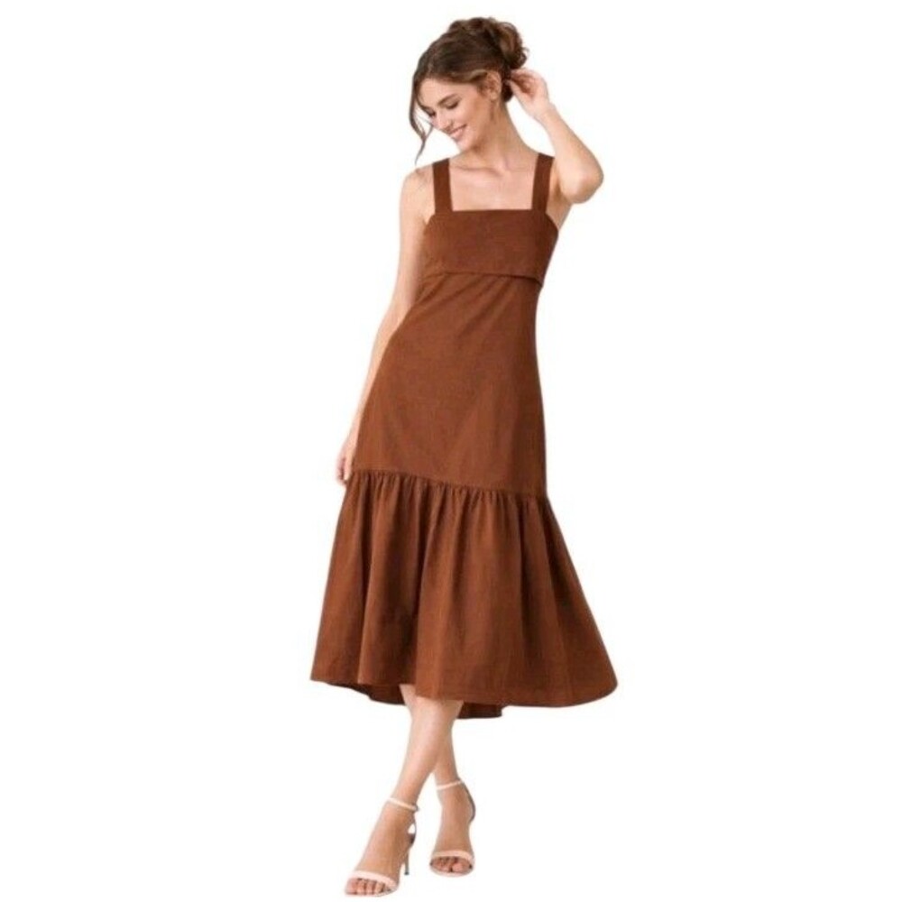 Theory Tie Back Tiered Midi Dress Womens S Linen Blend Brown Boho Minimalist
